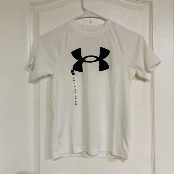 Boys 8-20 Under Armour Big Logo Tech Tee Loose Fit Crew Neck White Medium NWT - Picture 3 of 5